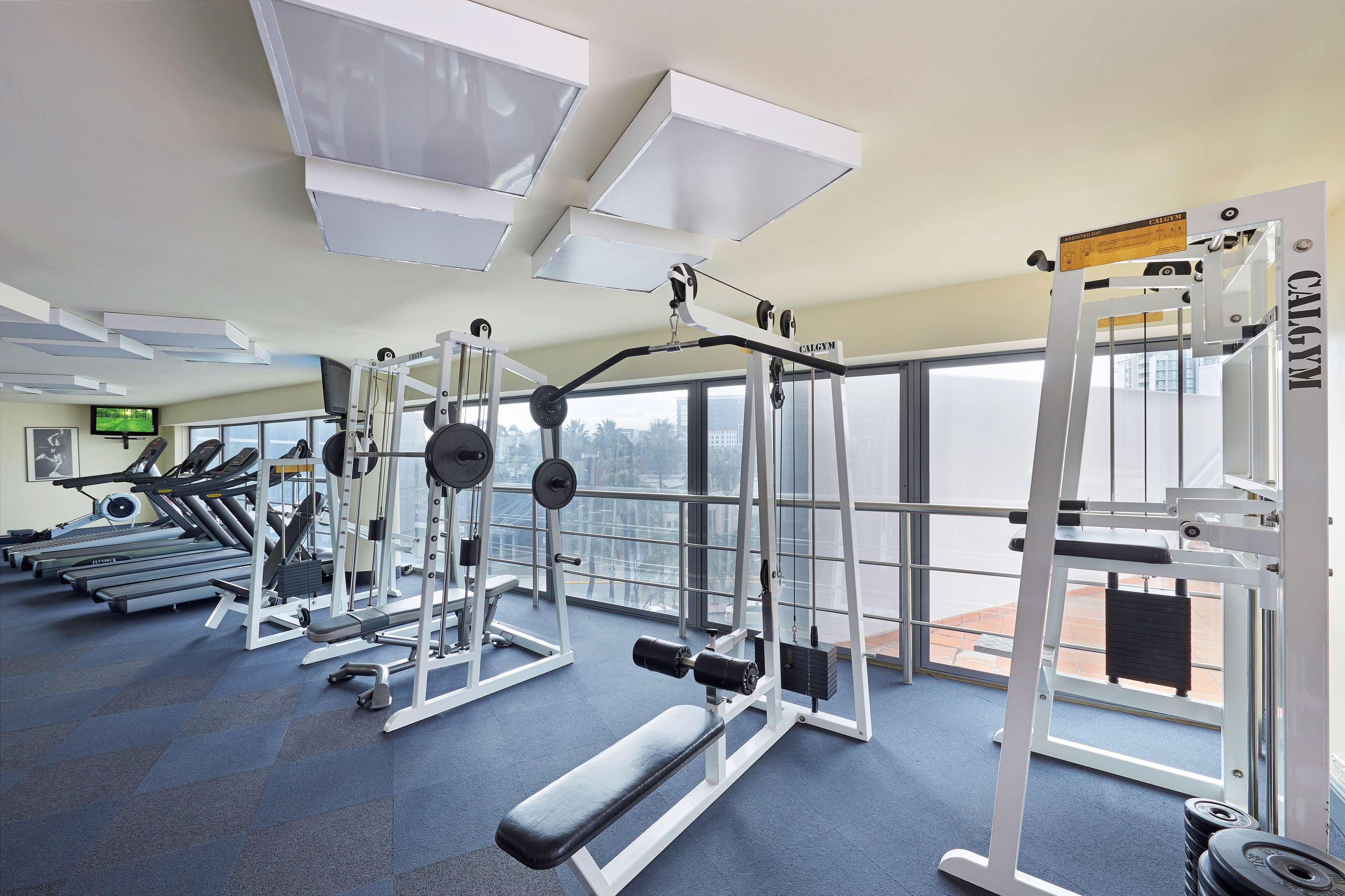 Stamford Plaza Sydney Airport Hotel & Conference Centre Exterior photo The photo shows a gym or fitness center. There are multiple exercise machines present, including weightlifting equipment and cable machines for resistance training. The flooring appears to be carpeted in a blue material, and large windows allow natur